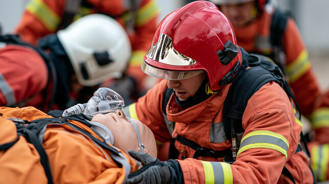 Firefighter practicing first aid and cpr rescue techniques on a training dummy, simulating an emergency medical situation during a safety exercise