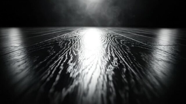 Low angle monochrome shot of a dark wooden floor with reflections and smoke in a mysterious room