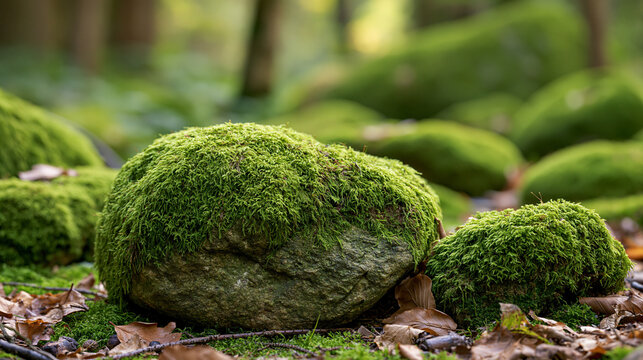 Moss covering forest rocks on the ground, creating a vibrant green carpet, symbolizing nature's resilience and ecological balance in woodland environment, copy space