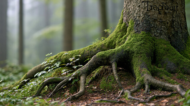 Ancient tree roots spreading across the forest floor, covered in vibrant green moss, symbolizing nature's enduring growth and strength in a tranquil woodland, copy space