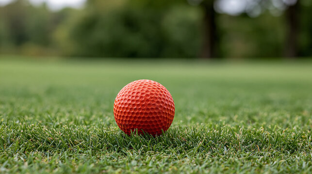 Bright orange golf ball resting on vibrant green grass of a golf course, symbolizing outdoor leisure, summer sport, and recreational activity on a sunny day, copy space