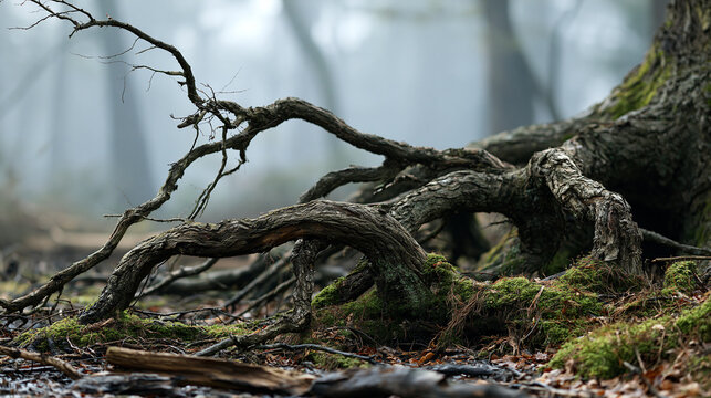 Ancient tree roots covered in moss and twisted branches emerging from the forest floor, creating a mysterious and atmospheric natural scene in the dense fog