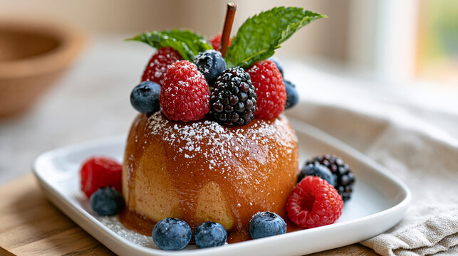 Golden brown individual pudding topped with glossy caramel, mixed raspberries, blueberries and blackberries, dusted with powdered sugar and a fresh mint leaf on white plate