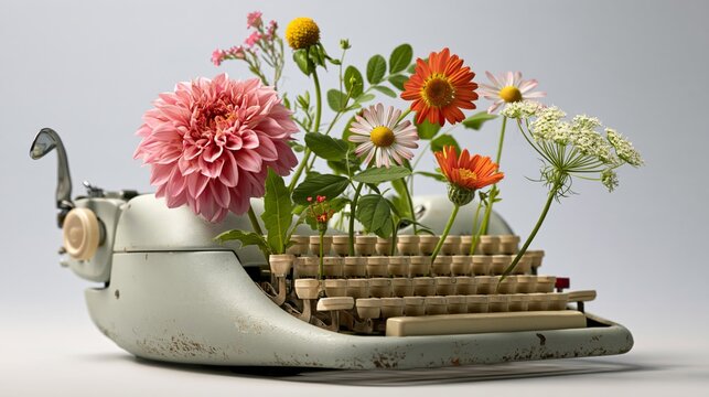 Vintage typewriter typing by itself with wildflowers growing out of keys