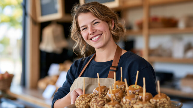 Smiling woman wearing an apron holding a tray of delicious homemade caramel candy apples, working in a small local market or bakery