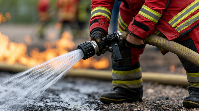 Firefighter holding a hose nozzle and actively spraying water, extinguishing a training fire, demonstrating emergency response, safety, and bravery during a rescue operation