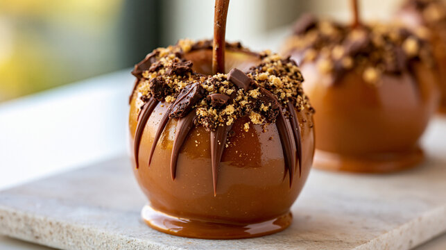 Gourmet caramel apple with chocolate drizzle and cookie crumble topping, a sweet autumn or halloween dessert treat on a light cutting board