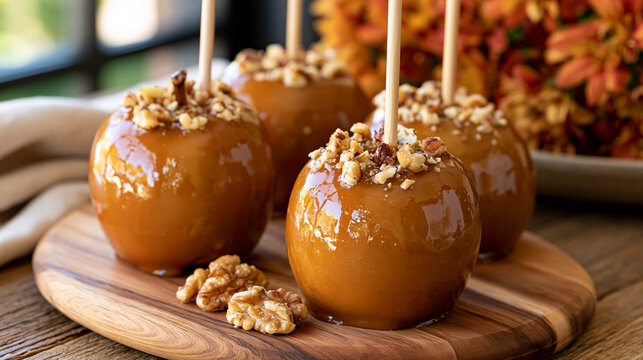 Caramel apples coated with crunchy walnuts and a rich, sweet topping, arranged on a rustic wooden board, capturing the delicious essence of the autumn season