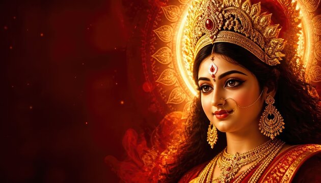 Divine Portrait of Goddess Durga in Golden Crown and Jewelry