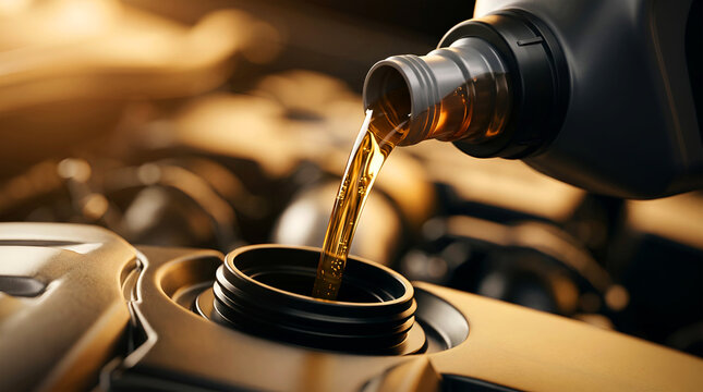 Close up shot of fresh golden engine oil pouring from a plastic bottle into car motor for routine vehicle maintenance service.