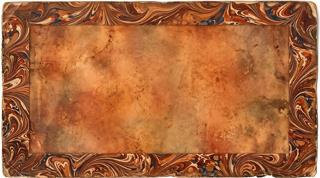 Vintage marbled paper texture with brown swirl frame on aged background.
