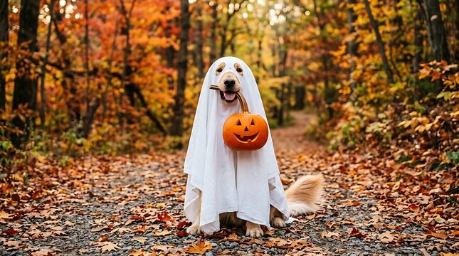Golden retriever dog in ghost costume holding jack o lantern in forest.