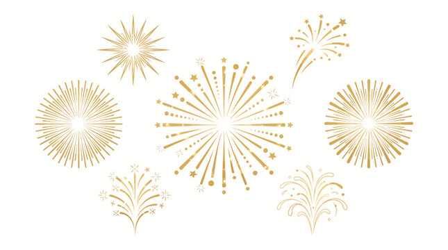 Gold fireworks vector illustration isolated, New Year party. Set of gold fireworks. Collection of fest firecracker star. Simple vector fest decor. Elements for stickers, web, celebration, New year