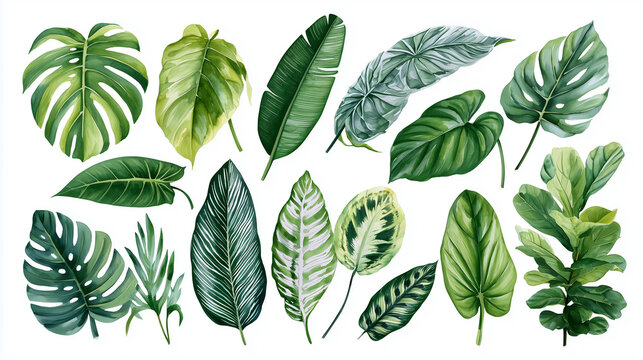 Watercolor tropical plant leaves set including monstera, banana, and fiddle leaf fig isolated on white background