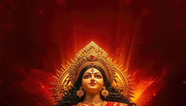 Divine Portrait of Goddess Durga in Golden Crown and Jewelry