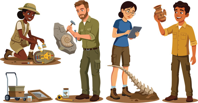 Archaeologist and Paleontologist Cartoon Character Vector Set Discovering Ancient Egyptian Artifacts, Fossils, Bones, and Relics for Educational or Historical Material Designs