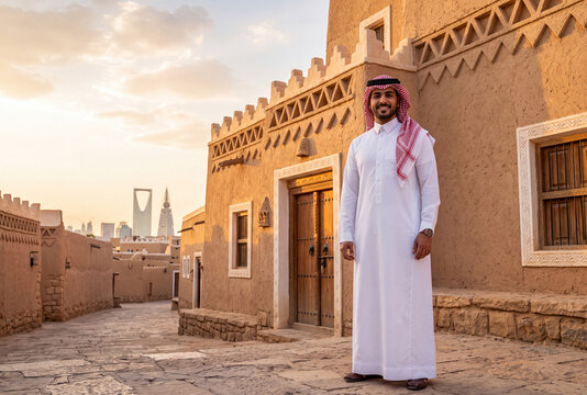 Saudi man wearing traditional thobe and shemagh standing beside historic mud-brick architecture in Riyadh, blending Saudi heritage with the modern skyline.