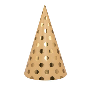 Beige party hat with shiny gold polka dot pattern for birthday celebrations and festive event decorations isolated on a transparent background