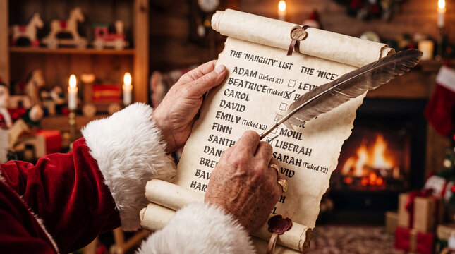 Santa's hands holding scroll list checking it twice, quill pen, vintage parchment paper, red velvet sleeve detail, close-up concept shot