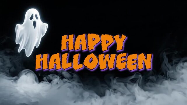 Glowing ghost flying with Happy Halloween text over smoke effect
