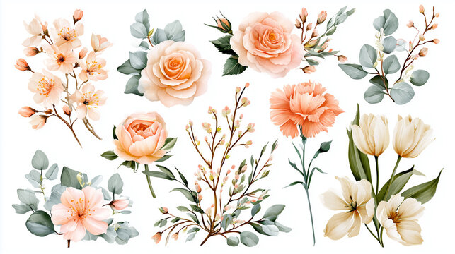 Set of watercolor floral elements including peach roses, tulips, carnations, and eucalyptus leaves isolated on a white background