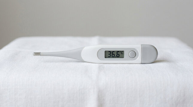 Digital thermometer displaying 36.6 Celsius on white fabric