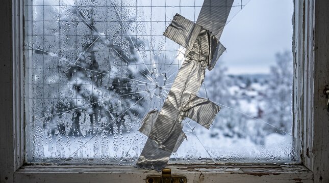 A close-up vector illustration showing a cracked single glass window pane temporarily held together by silver duct tape, covered in fine cold winter morning condensation droplets and frost textures.