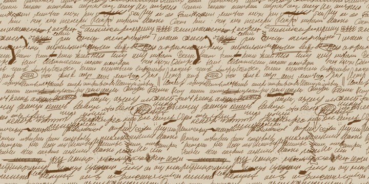 Script on aged paper seamless pattern gains bold strikethrough marks. Handwritten sepia rows suggest proofreading with grunge energy. Vector calligraphy page print for textile print or scrapbook bg
