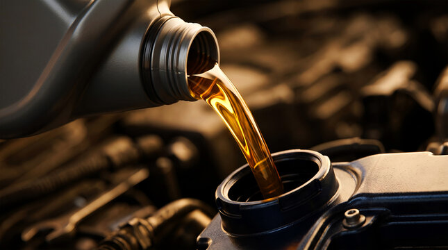 Pouring fresh golden motor oil from bottle into a car engine for regular automotive maintenance and professional vehicle services.