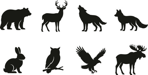 Obraz premium Dark silhouettes showcase a collection of iconic north american wildlife including a bear a deer a wolf a rabbit an owl and