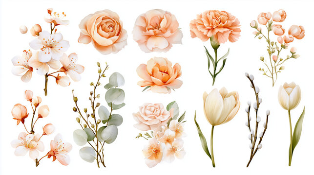 Set of watercolor peach and cream colored flowers and botanical elements isolated on white background