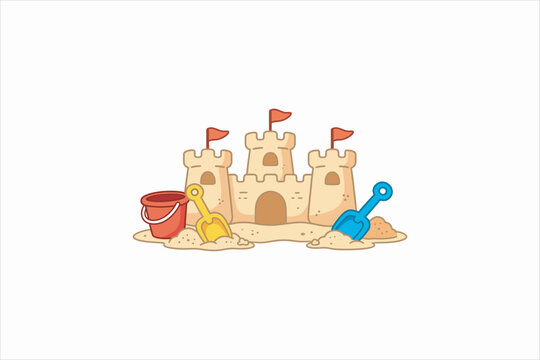 Sand castle with bucket and shovels illustration in flat 2D style. Vector concept for summer beach vacation, kids toy, and outdoor play.