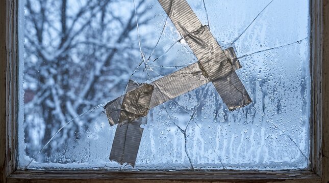 A close-up vector illustration showing a cracked single glass window pane temporarily held together by silver duct tape, covered in fine cold winter morning condensation droplets and frost textures.