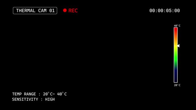 Thermal CCTV surveillance CAM 1 recording interface with REC indicator, digital timecode, 20&deg;C to 40&deg;C temperature scale, temperature range display, and high sensitivity setting. Night vision cam.