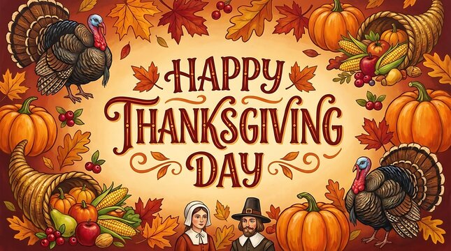 Happy thanksgiving day cartoon illustration with pilgrims, turkeys, pumpkins.