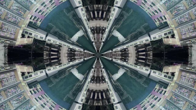 train enters liziba station inside a building in Chongqing with code and data made into symmetrical pattern 