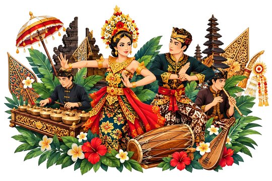 A beautiful vector illustration of Indonesian traditional culture, traditional dancers wearing elegant colorful costumes, intricate batik patterns, traditional musical instruments