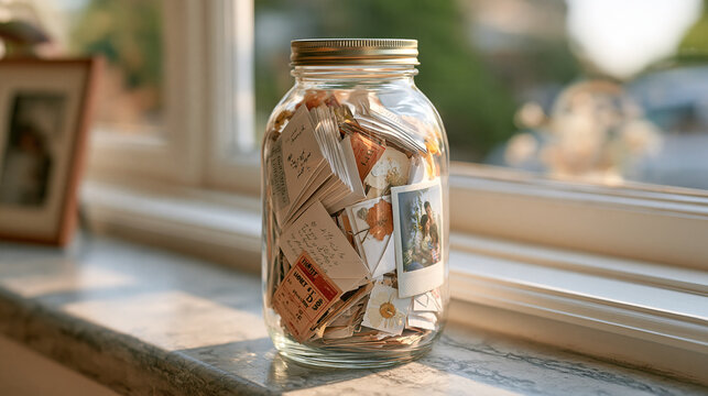 A close-up of a glass memory jar filled with layered folded paper notes, ticket stubs, pressed flowers, and a photograph corner, sitting on a windowsill with morning light passing