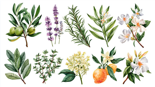 Set of watercolor botanical illustrations featuring Mediterranean herbs, flowers, and fruits isolated on white background