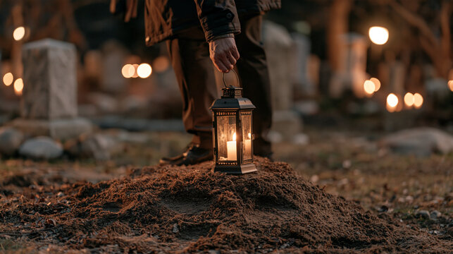 A nighttime cemetery with a single freshly turned grave mound, a grieving person in dark clothing just stepping back after placing a lit lantern candle, footprints in soft earth,