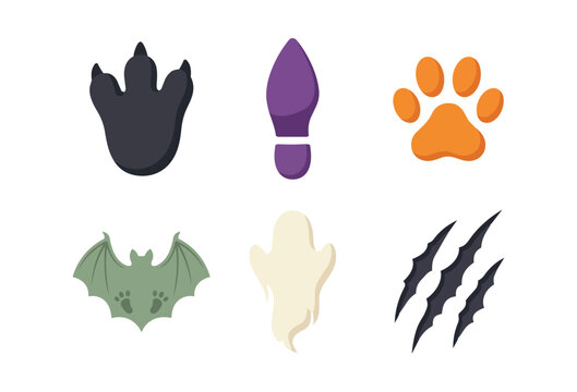Halloween Monster Paw Print Icon Set Vector Illustration, Bat Wing Claw Mark Ghost Hand Animal Footprint Flat Design Isolated
