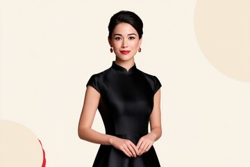 Obraz premium Elegant Woman in Black Dress Posing Confidently Against Minimalist Background