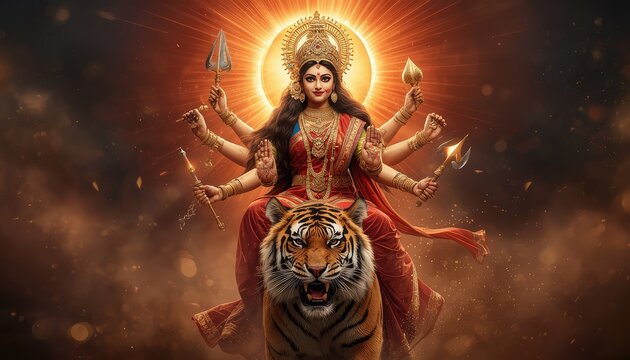 Divine Portrait of Goddess Durga in Golden Crown and Jewelry