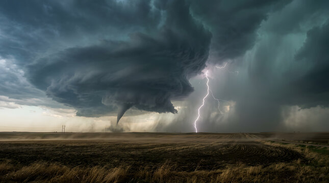 Dramatic supercell thunderstorm with a funnel cloud and lightning strike over a rural field.