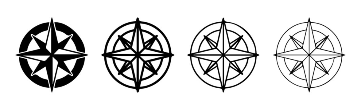 Compass rose icon set in solid and outline style with navigation, direction, nautical star and cardinal points symbols for travel, map and adventure design, including 4 vector illustrations