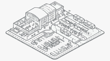 Fototapeta premium Isometric Floor Plan of Bus Terminal with Office Building and Parking Layout