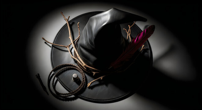 Dramatic still life of a black witch hat with feather and twigs in dark lighting