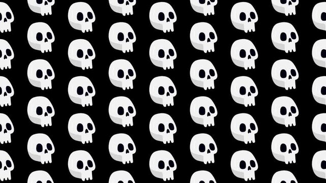 Halloween Seamless Pattern with Cute White Cartoon Skulls on Black Background.