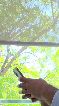 Close-up of male hands holding a mobile phone and scrolling through social media or texting while sitting near a window with a view of lush green trees on a bright and sunny day