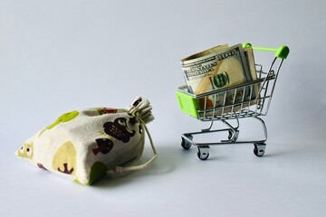 High-angle shot of a miniature green shopping cart filled with US dollar bills next to a printed fabric pouch on a neutral surface, illustrating spending, budget allocations, and retail commerce. © Akram